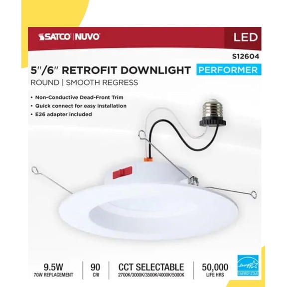 Satco S12604 10 Watt 5–6 Inch LED Downlight Retrofit CCT Selectable 2700K 3000K 3500K 4000K 5000K Round White Finish Energy Efficient Recessed Fixture