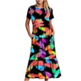 thumbnail image 2 of Jusqu'à 65 % de Réduction! Robes d'Été Mode pour Femmes 2024 Grande Taille Décontractée Manches Courtes Col Rond Robe Fluide à Étages Robe de Plage avec Poches Imprimé Plumes, 2 of 6