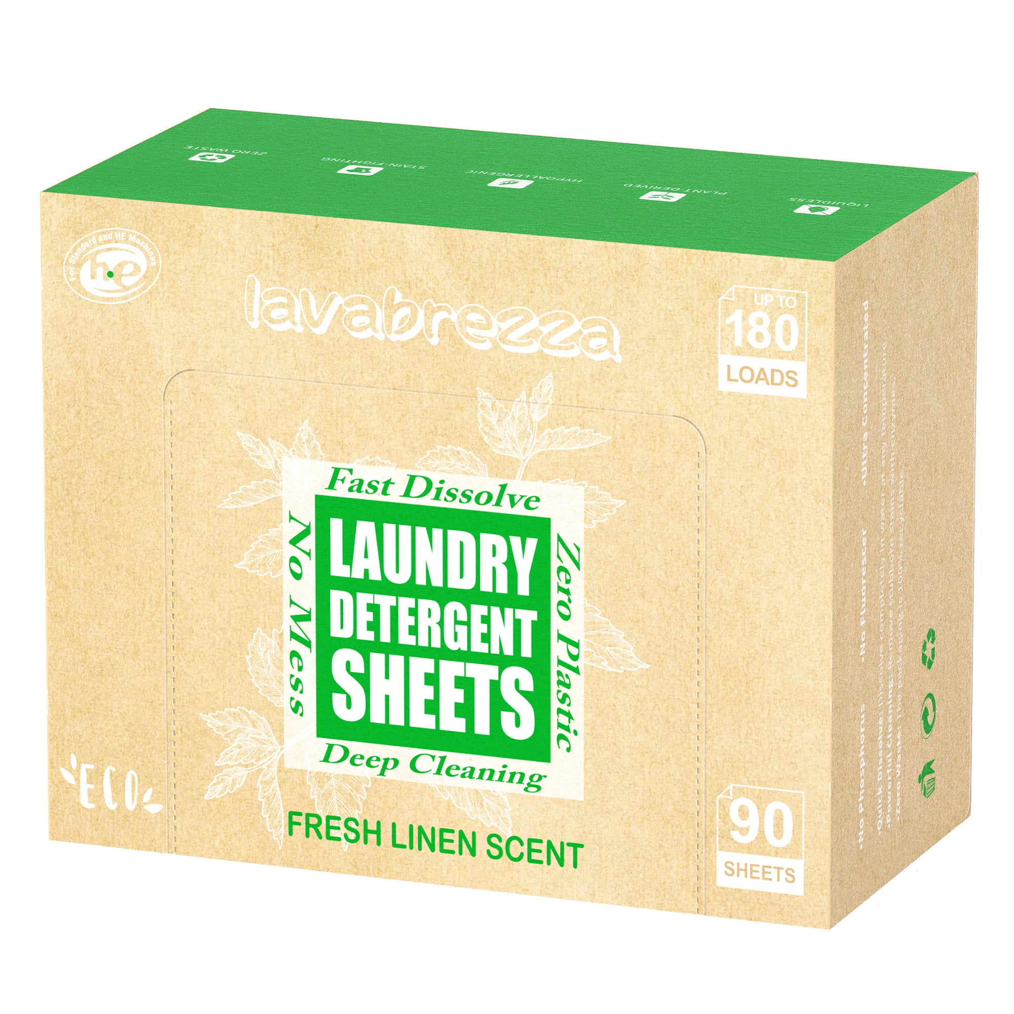 Lavabrezza Laundry Detergent Sheets, 90 Sheets (up to 180 Loads), Fresh Linen Scent, Eco-Friendly No Plastic