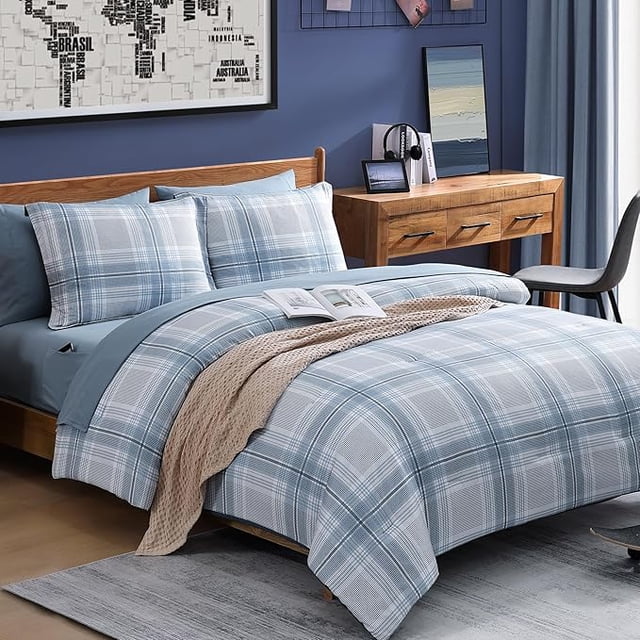 Edredones azules Queen Size, juegos de cama Queen a cuadros para niños y niñas, Classic