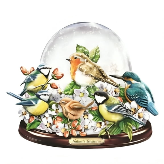 The Bradford Exchange Simple Pleasures Bird Globe Handcrafted Snow Globe with Robin, British Garden Birds, Floral Scenery, and Wood-Toned Base 9.2-inches