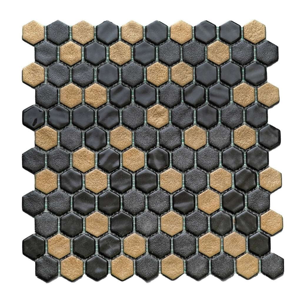 The Tile Life Eterna Hex 4" x 4" Hexagon Black & Gold Glass Mosaic Tile Sample 1 Piece