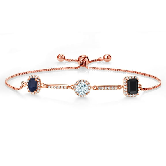 Gem Stone King 1.62 Ct Blue Sapphire Sky Blue Aquamarine 18K Rose Gold Plated Silver Bracelet for Women