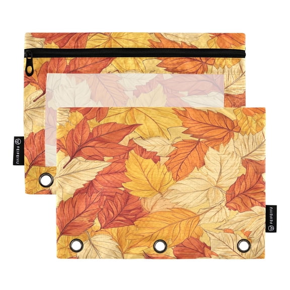 2 Pack 3 Ring Binder Pouch with Clear PVC Window Water Resistant Zipper Pencil Pouch Golden Leaves Binder Pocket for Classroom Office Home Stationery Organization
