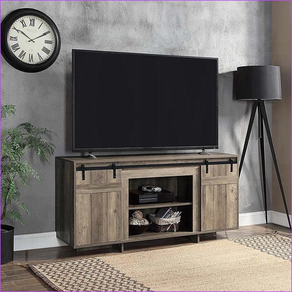 TV Stand Grey Washed with 2 Sliding Barn Doors, Fits 60-Inch TV | Farmhouse | Wood Metal