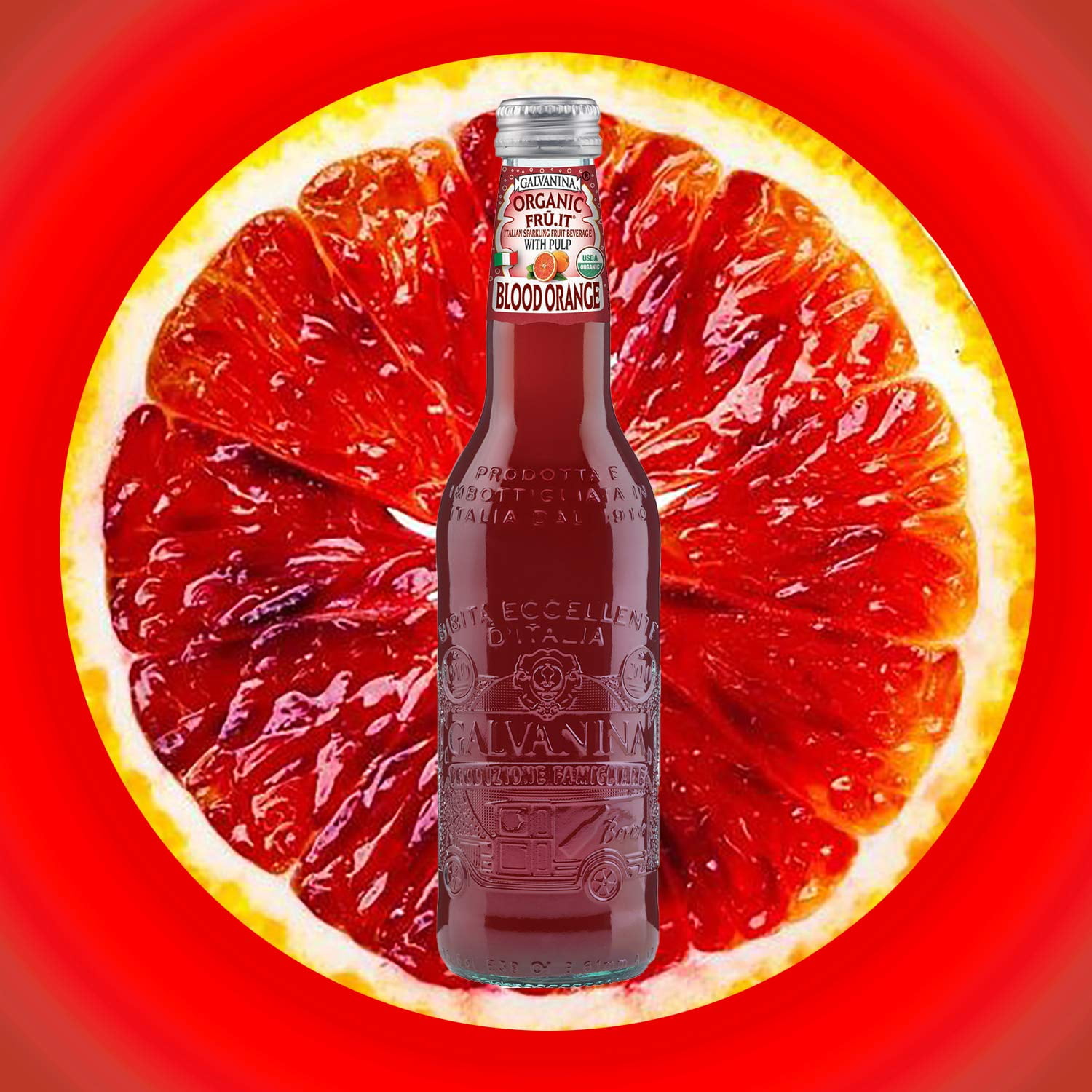 Galvanina - Blood Orange With Pulp - Premium Organic Italian Sparkling Fruit Beverage - 12 fl oz (6 Glass Bottles)
