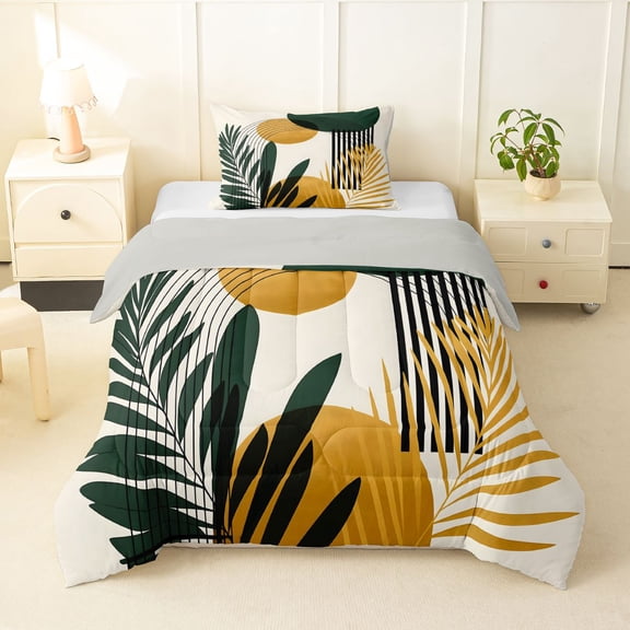 Homewish Mid-Century Plants Print Twin Comforter Sets,Boho Lines Art Bedding Set,Cream,Light Gray Reversible,2pcs,1 Comforter and 1 Pillowcase