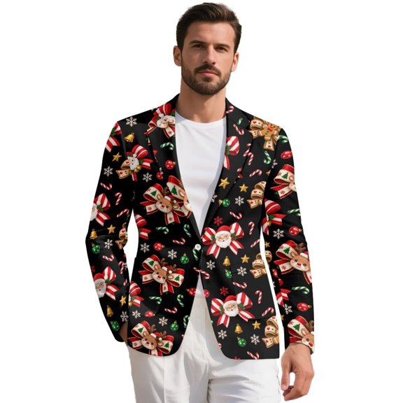 KUIFORTI Reindeer Bow Men's Blazer One Button Sports Jacket Long Sleeve Outfit for Business Travel Office Work Graduation