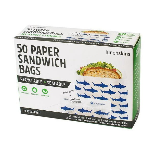 Lunchskins Recyclable + Sealable Paper Sandwich Bags, 50count, Shark