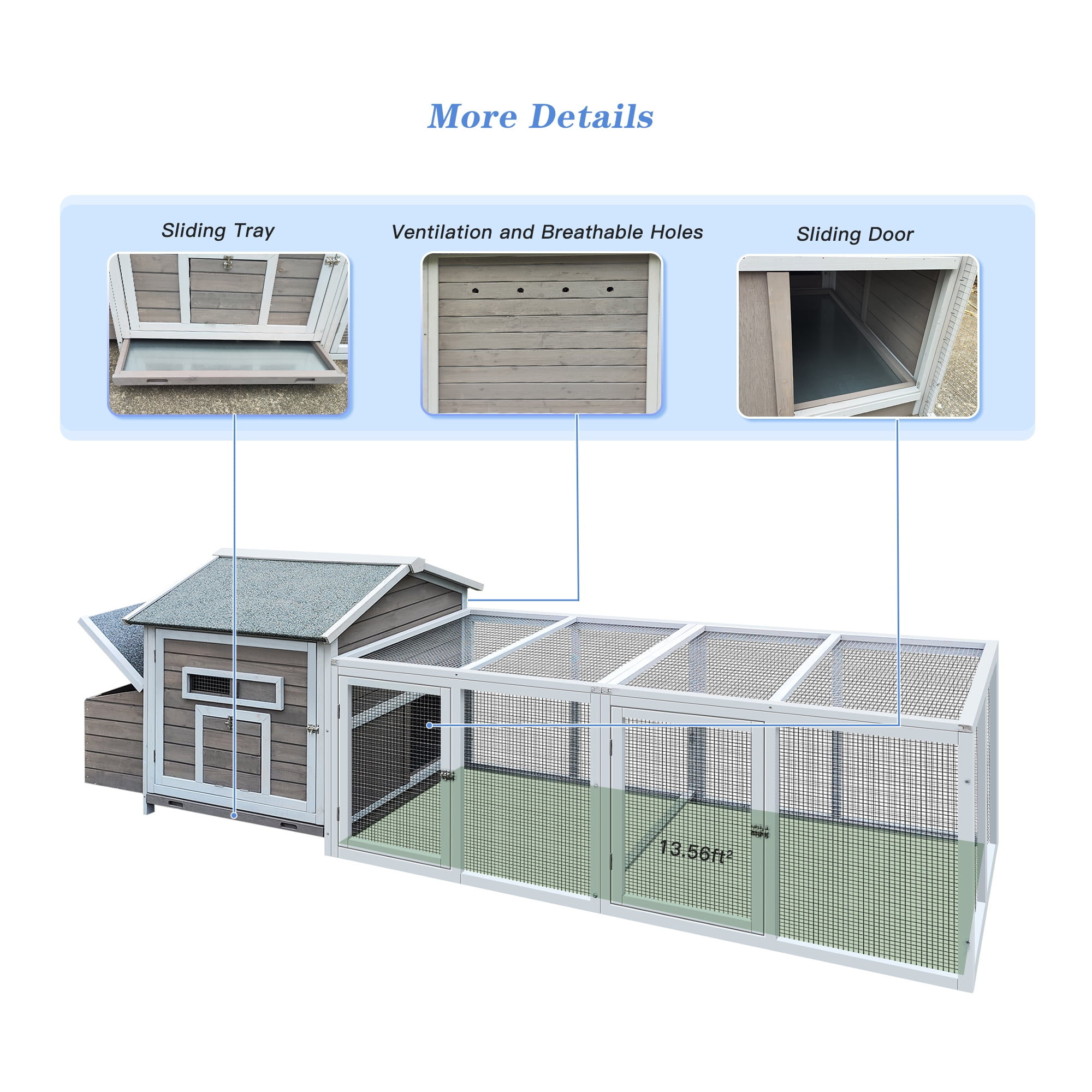 Pefilos 118" Chicken Coop for Outdoor with Ramp, Wood Hen House with Free-range Doors, Nesting Box, Leakproof Pull-on Tray, Large Bunny Poultry Cage, Gray