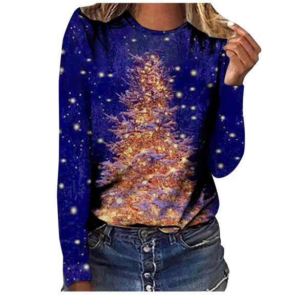 Black_Friday Deals 2024 Cyber_Monday Deals Dianli Christmas Shirts for Women Long Sleeve Round Neck Christmas Tree Print Shirt Womens Tops Loose Fashion Casual Blouse Pullover Soft Trendy Clothes