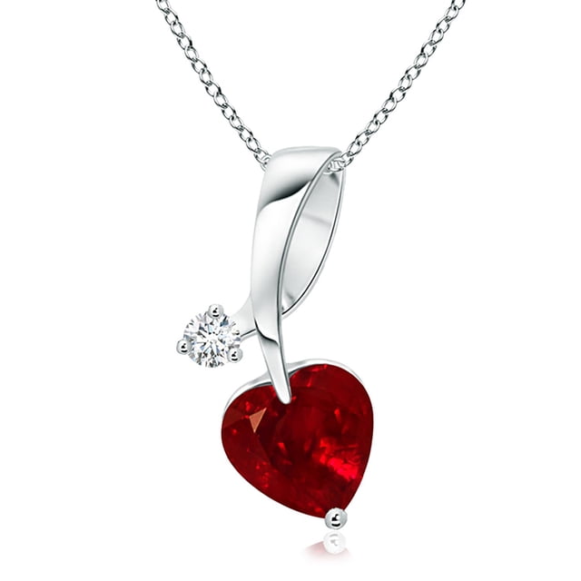 Angara Natural Ruby Necklace - Heart-Shaped Ruby Ribbon Pendant with Diamond in Platinum for Women