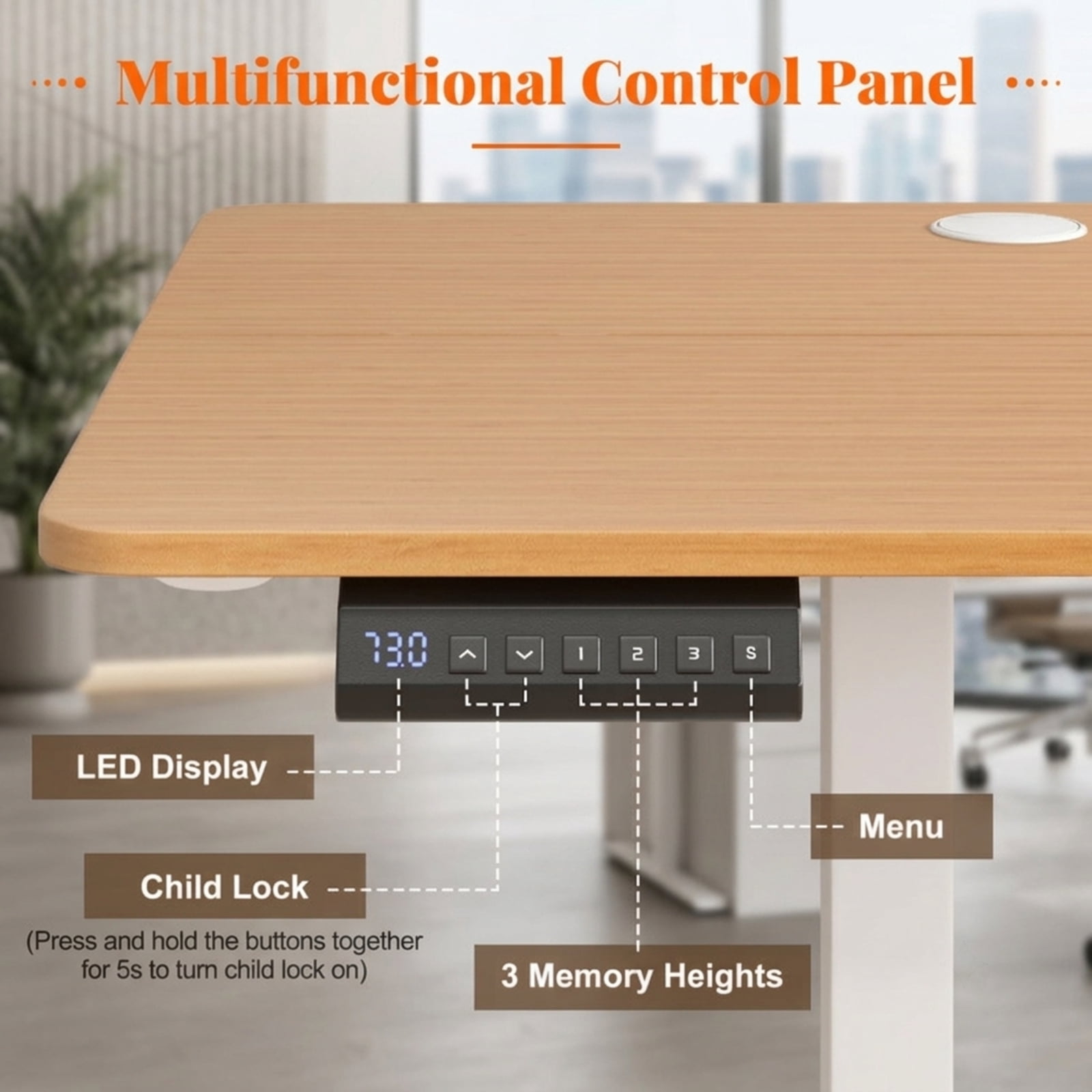 Furnibear Electric Standing Desk with 3 Memory Heights Adjustable Height Sit Stand Home Office Desk with Hooks and Cable Holes, Natural