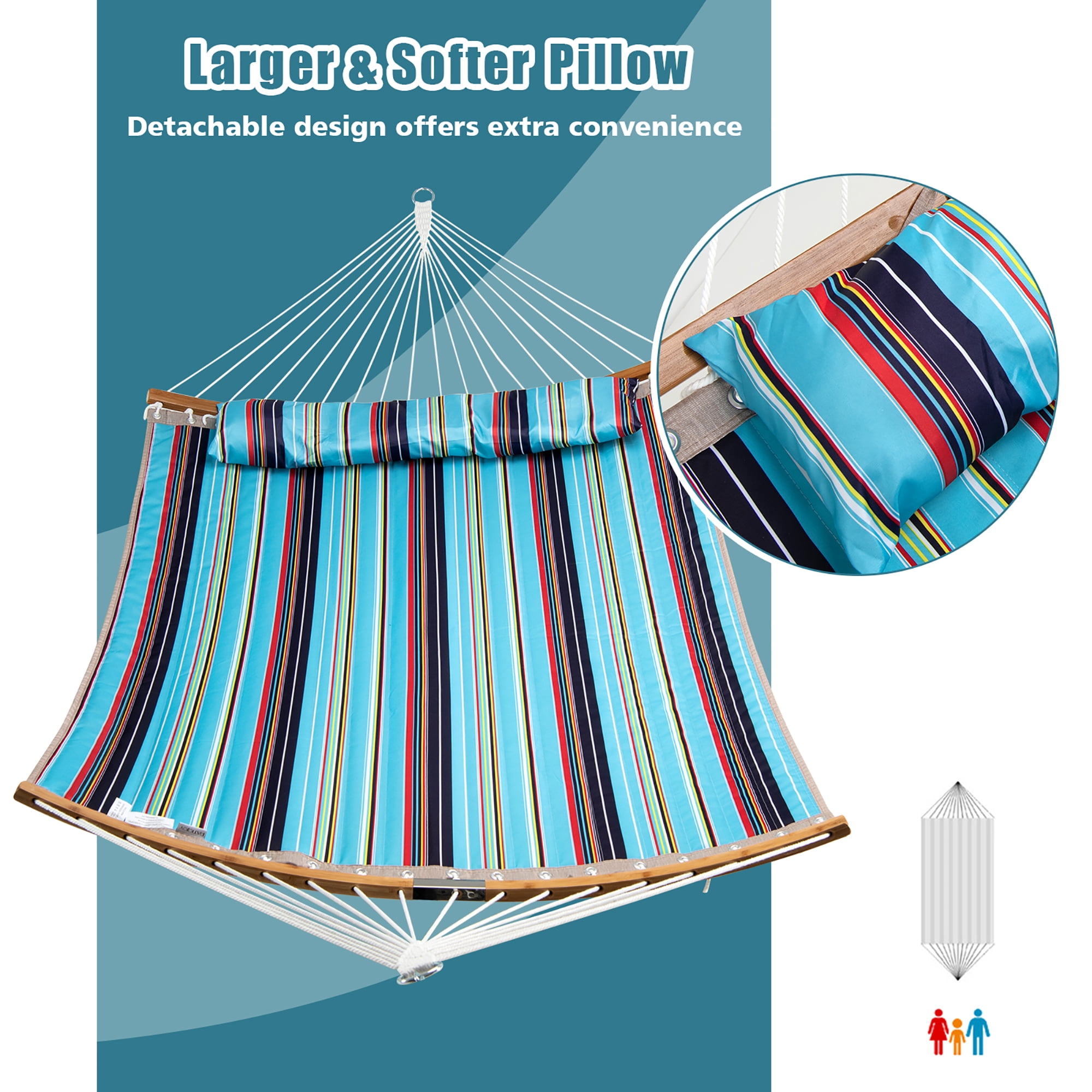 Costway Hammock w/ Pillow Curved Bamboo Spreader Bar Chain Portable Indoor Outdoor Blue