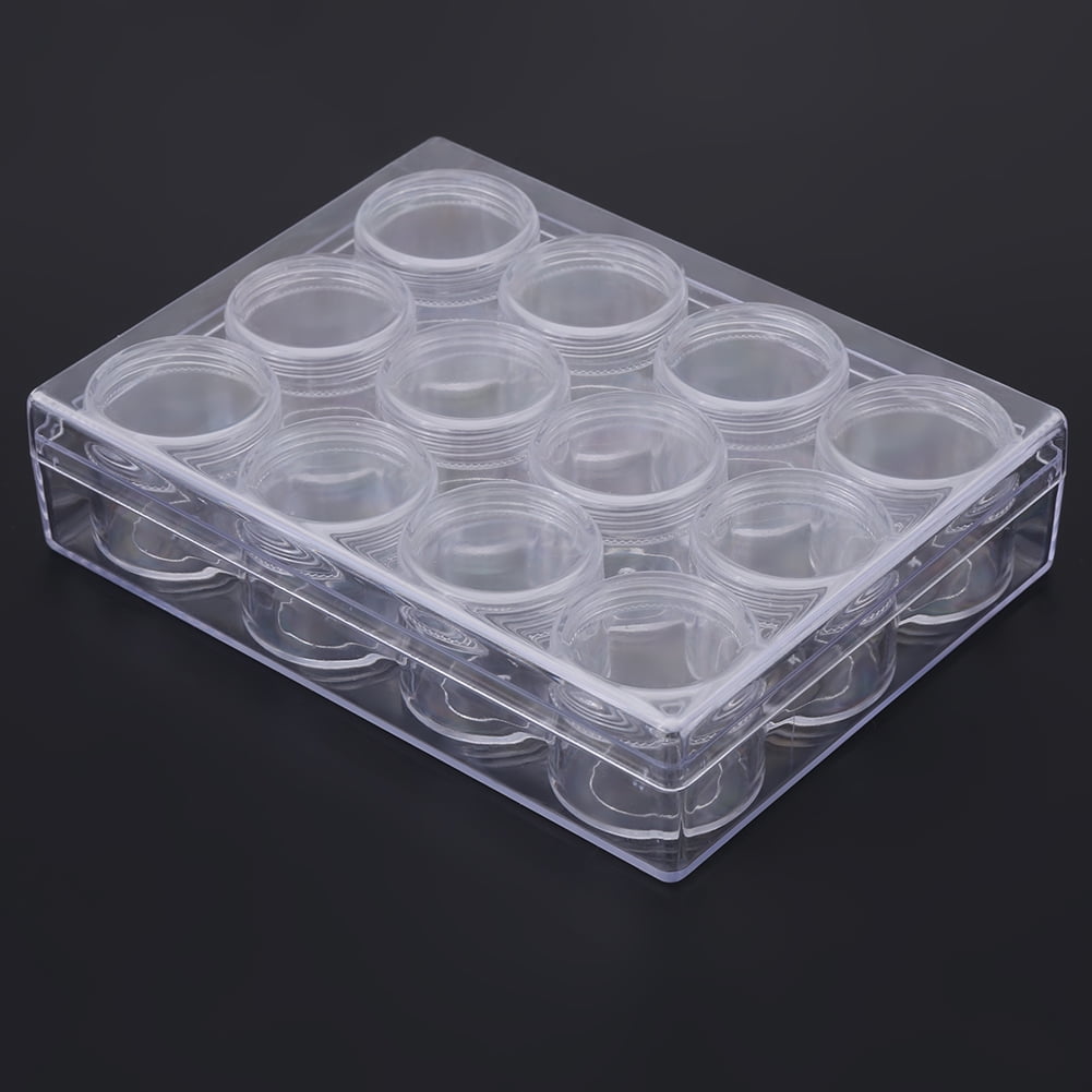 Greensen Rectangle Clear Plastic Jewelry Beads Storage Box W/12 Round Bottle Container Tiny Jars