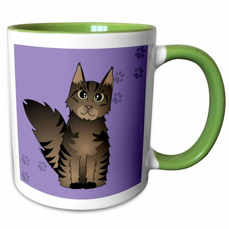 - 3dRose Cute Maine Coon Cartoon Cat - Brown Tabby - Purple with Pawprint - Two Tone Green Mug, 11-ounce