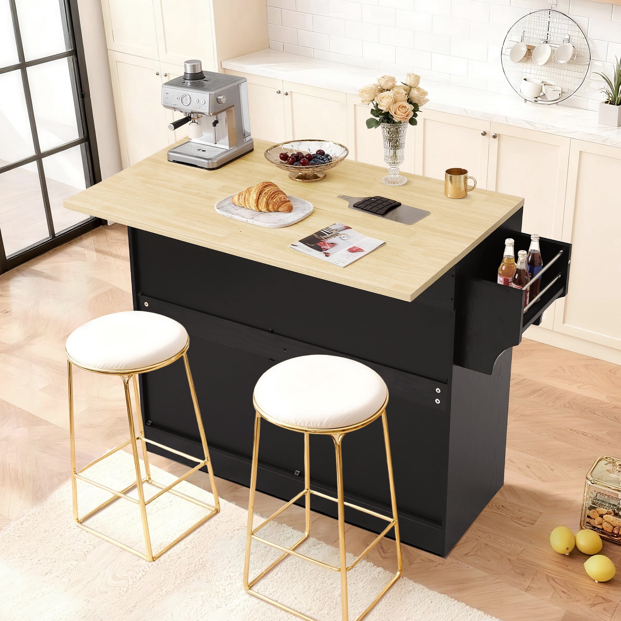 Haverchair 39.7" Kitchen Island with Drop Leaf and Storage Cabinet, Mobile Kitchen Rolling Bar Cart with Trash Can Cabinet and Drawer, Modern Island Table for Kitchen with Spice Rack and Towel Rack