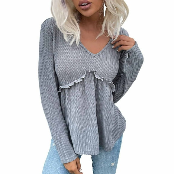 IROINNID Reduced Womens Sweater V-Neck Pullover Sweater Solid Color Casual Mid-Length Long Sleeve Autumn Fashion Knitted Sweater Ruffled Waffle Knitted Bottoming Top