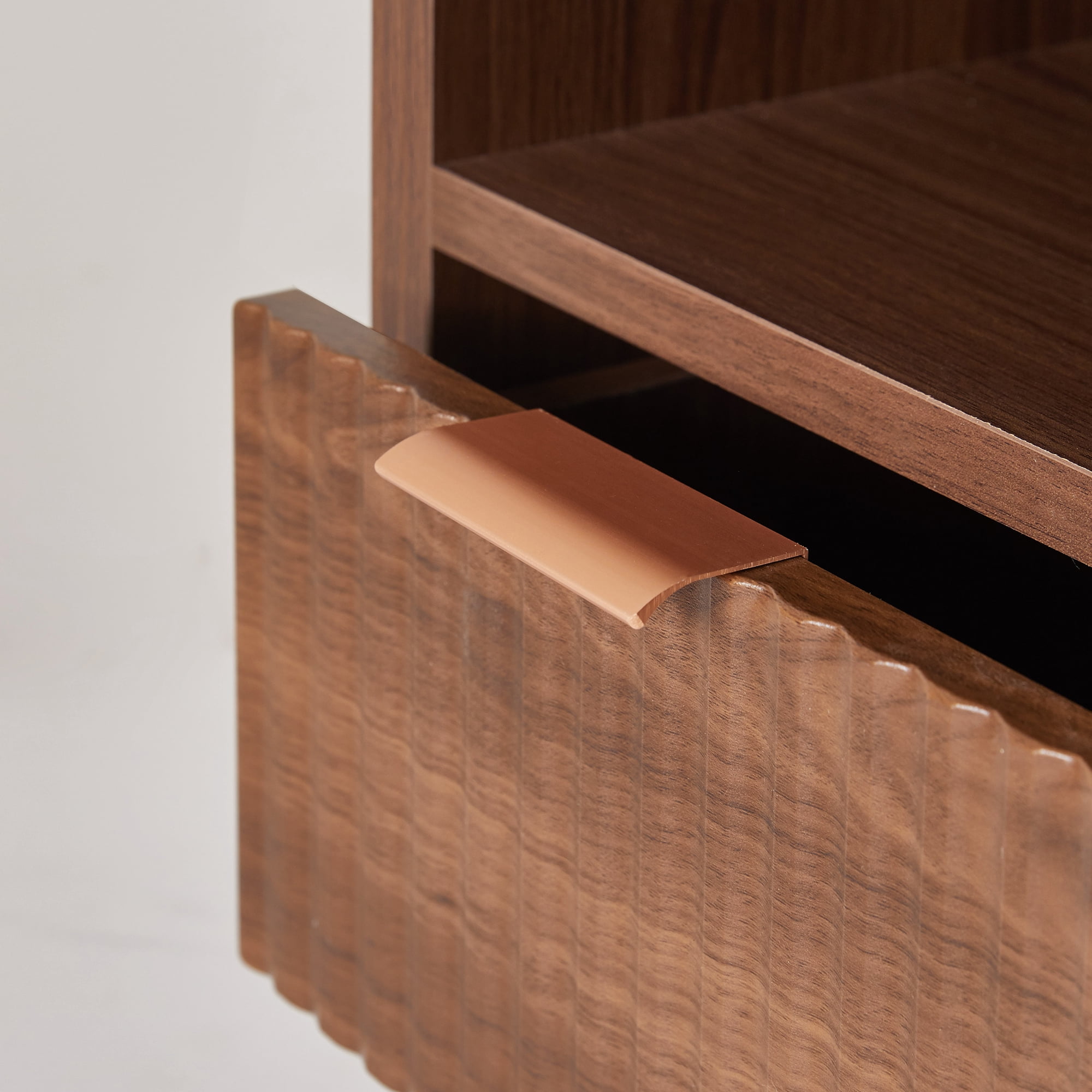 Set of 2 Fluted Wood Nightstands with Drawer and Open Storage, Modern Bedside End Tables and Bedroom Storage Cabinets, Walnut