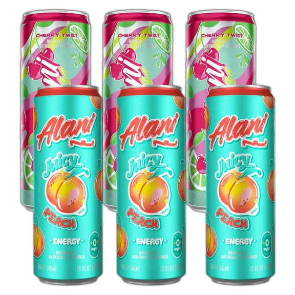 New Alani Energy Drinks Cherry Twist, Juicy Peach Variety Pack Sugar-Free, Low-Calorie, 200mg Caffeine, Energy Boost Drink 12 fl oz (Pack of 6)