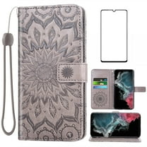 Compatible with Samsung Galaxy S22 Ultra 5G Wallet Phone Case and Tempered Glass Screen Protector Flip Credit Card Holder Stand Mandala Flower Cell Cover for S22ultra 22S S 22 S22ultra5g 6.8 Gray