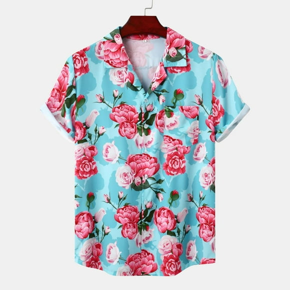 RXIRUCGD Mens Hawaiian Shirts Deals Clearance Summer Vintage Printed Shirt Men's Short Sleeve Cuban Collar Shirt Hawaiian Style Pattern Short Sleeve Turndown Collar Blouse & Shirt Summer Tops Blue