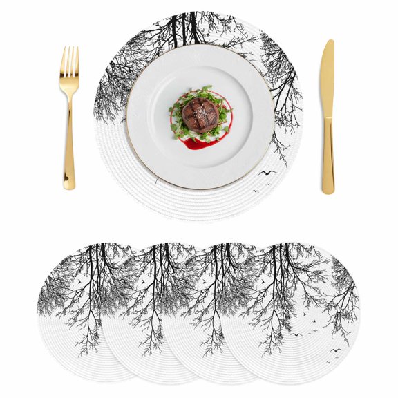 Black Branches Round 13 Inch Placemats Set of 4, Botanical Dead Tree Birds HeatResistant Non Slip Place Mats for Dining Table, Wipeable Braided Kitchen Table Mats for Housewarming