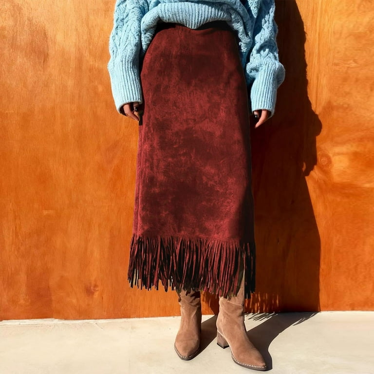 Purcolt Womens Faux Suede Midi Dress Western Cowgirl Tassel Boho Skirt Trendy Vintage Bodycon Pencil Dress for Country Concert, Women's, Size: Medium,