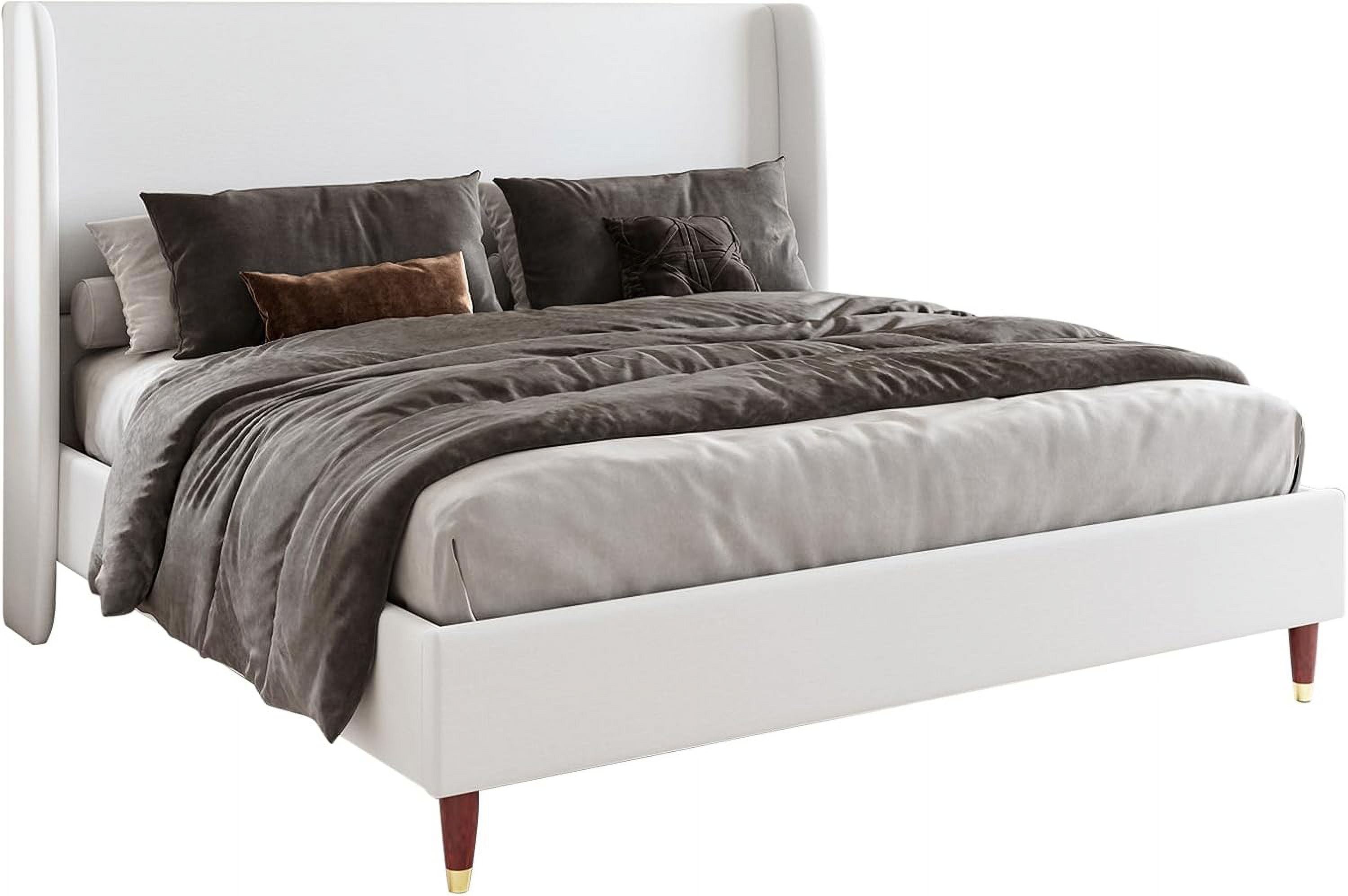 Merluxy 51.2" Queen Bed Frame with High Headboard,Upholstered,No Box Spring Required,White