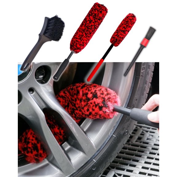 Zeya Professional 4 Pack Long Handle Wheel Brush Kit for Cleaning Wheel and Tire- 2X Soft Wheel Cleaning Brush, Detailing Brush and Stiff Tire Brush, Bendable& Durable Wheel Rim Cleaner Brush Set