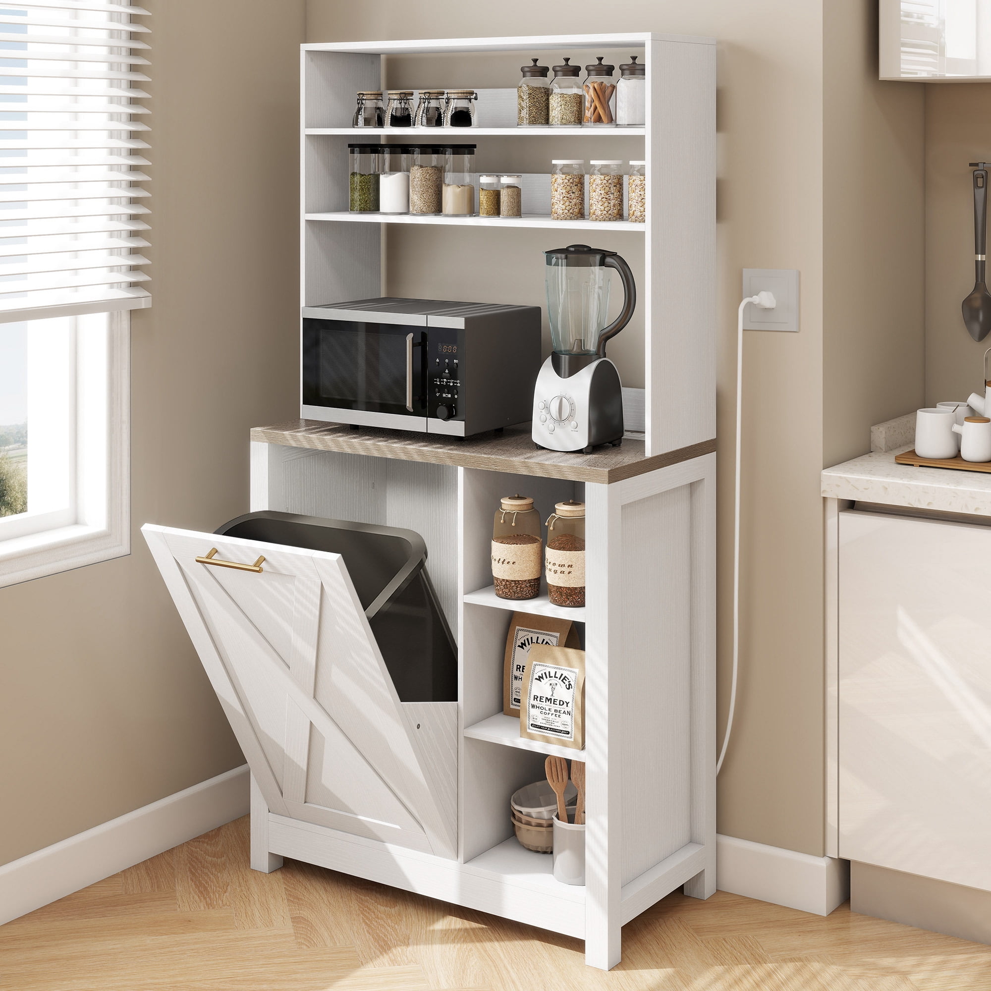 Uforic Bakers Rack with Shelves & Power Outlets, 6-Tier Microwave Stand with Trash Bin Cabinet, White