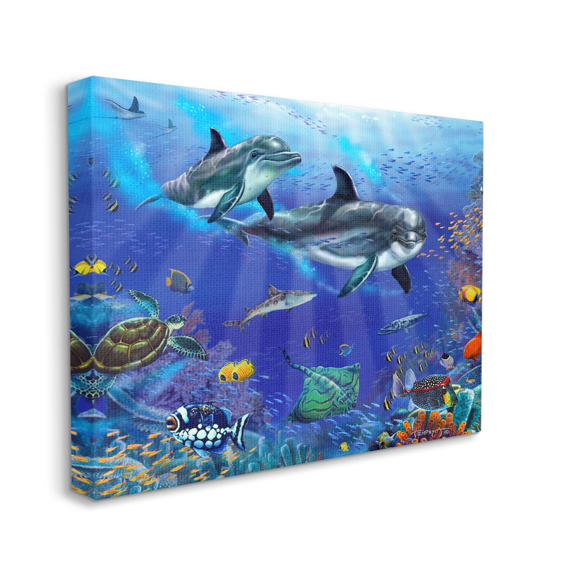 Stupell Industries Underwater Sea Life Scene Dolphins Coastal Painting Gallery Wrapped Canvas Print Wall Art