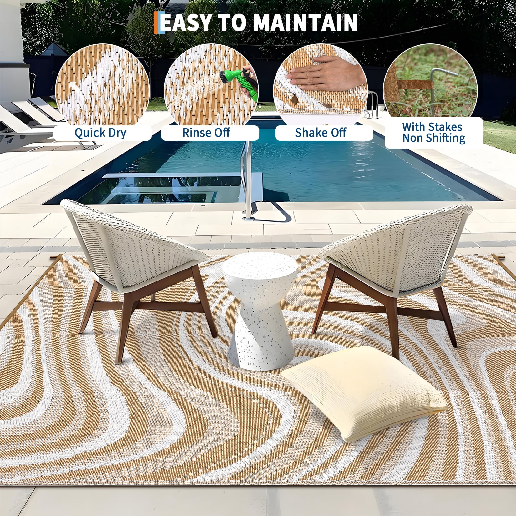 Hasoo 10' x 14' Brown/White Outdoor Rug for Patio Decor Waterproof Plastic Straw Modern Geometric Carpet PP Tube Woven Portable Camping Mat for Picnic Balcony