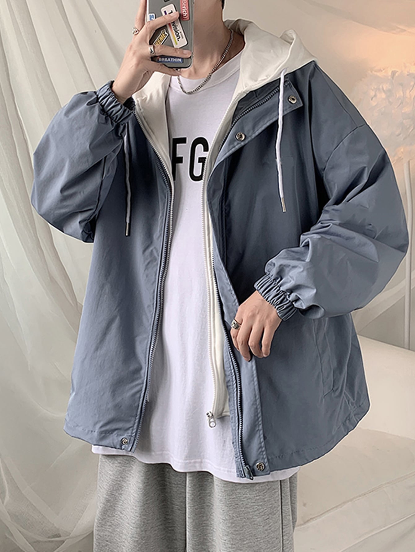 Men Zip Up Drawstring Hem Windbreaker 