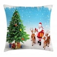 thumbnail image 1 of Santa Throw Pillow Cushion Cover, Reindeer with Jingle Bells Gather Around Father Christmas Festive Tree with Presents, Decorative Square Accent Pillow Case, 24 X 24 Inches, Multicolor, by Ambesonne, 1 of 2