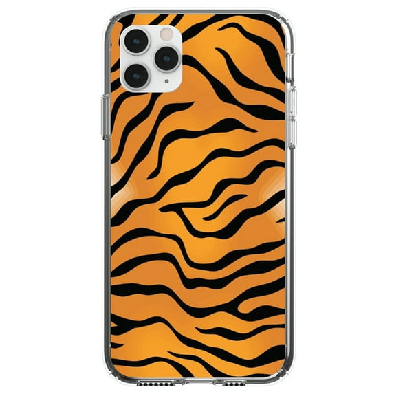 DistinctInk Clear Shockproof Hybrid Case for iPhone 11 Pro MAX (6.5" Screen) - TPU Bumper, Acrylic Back, Tempered Glass Screen Protector - Orange Black White Tiger Skin Print - Animal Print