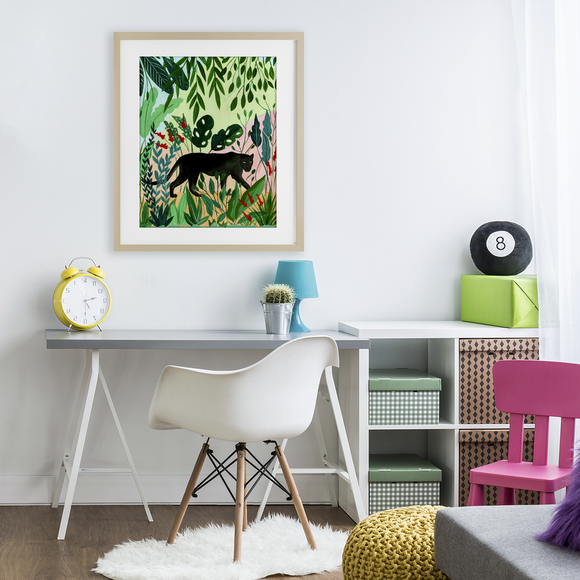 Stoic Panther Tropical Forest Birch Framed Print Under Glass, design by Nabeela Rumi