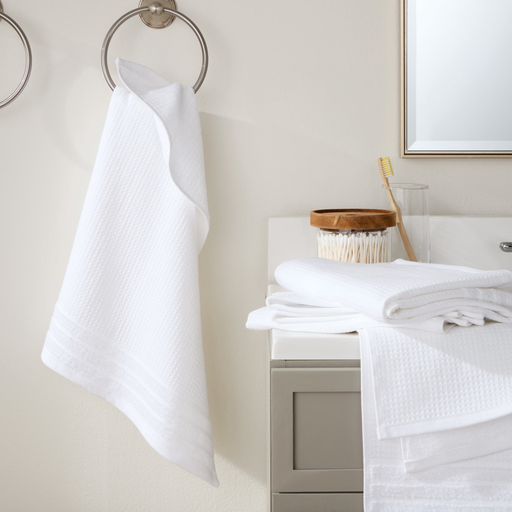 TOWN & COUNTRY BASICS 4-Piece Waffle Woven Terry Stripe Hand Towel Set, 20"x30", 100% Cotton, Quick Dry, White