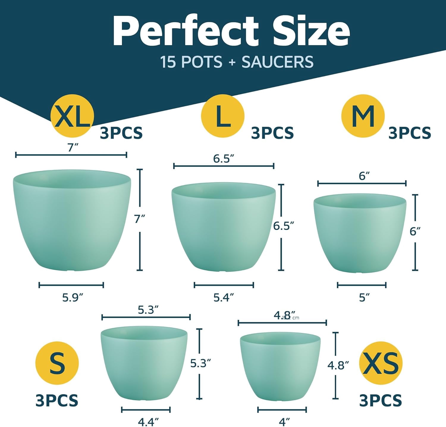 Aqua Plant Pots with Drainage Holes & Saucers 15 Packs, Indoor & Outdoor Stackable Plastic Planters in Multiple Sizes for Houseplants & Flowers, Durable & Weatherproof Materials, Matte Finish