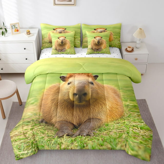 YST Capybara Lit Capybara en Sac Complet, Ensemble de Literie 3d Capybara 7 Pcs pour Enfants Amateurs, Drap-Housse Capybara Mignon et Drôle, Couette Réversible à Thème Naturel, Ensemble de Draps Botanique Weed