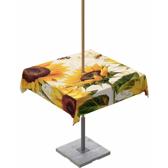 Outdoor Tablecloth with Umbrella Hole for Patio/Picnic/Party/Camping, Botanical Sunflowers Waterproof Table Cloth Square Cover Washable, Summer Garden Flowers Bees Rustic 54"x 54"