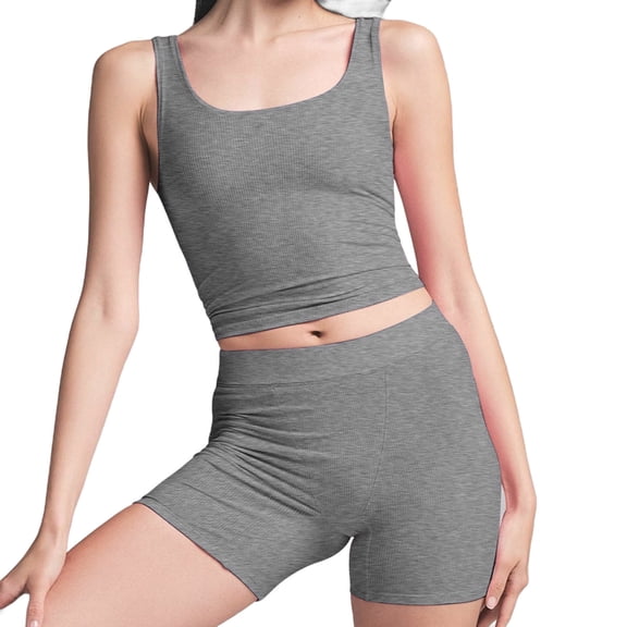 Bixock Pajamas for Women Set Solid Color Plain Neck Cami Top High Waist Shorts 2 Piece Loungewear Set for Ladies Daily Home Leisure