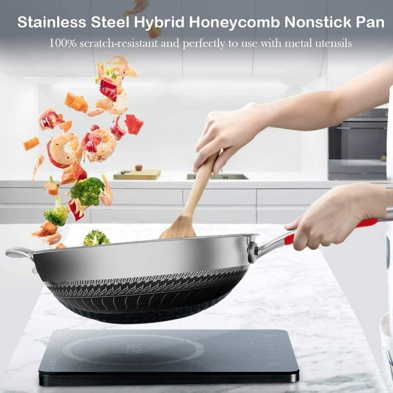 Stainless Steel Wok with Lid by Yodudm, 13 SUS 316L Food Grade Stainless  Steel Pan, Honeycomb Nonstick Coating Skillet, Induction Cooker Compatible,  Easy Clean, Wear-Resistance 