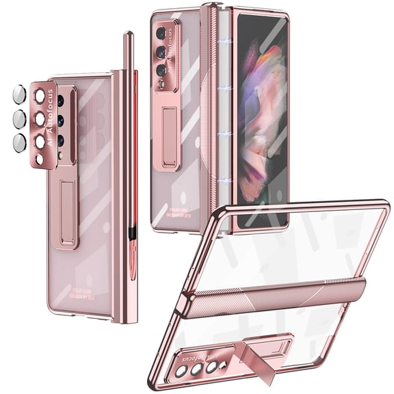 Dteck Case Compabile With Samsung Galaxy Z Fold3 2021, Hard PC Shell with Magnetic Hinge Plating Shell & Kickstand Tempered Film High-defintion Translucent Case for Samsung Galaxy Z Fold3, Rosegold