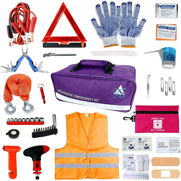 Car Emergency Roadside Assistance Kit 43 Pieces - First Aid Kit, Premium  Jumper Cables, Reflective Safety Triangle, Tow Strap, Tools, Warning Vest  (Purple, Pink) 