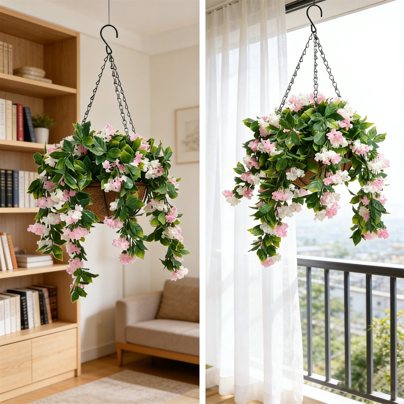 2PC Artificial Faux Hanging Plants Flowers Basket 15" Faux UV Resistant Crepe Myrtle for Outdoors Indoor Pink