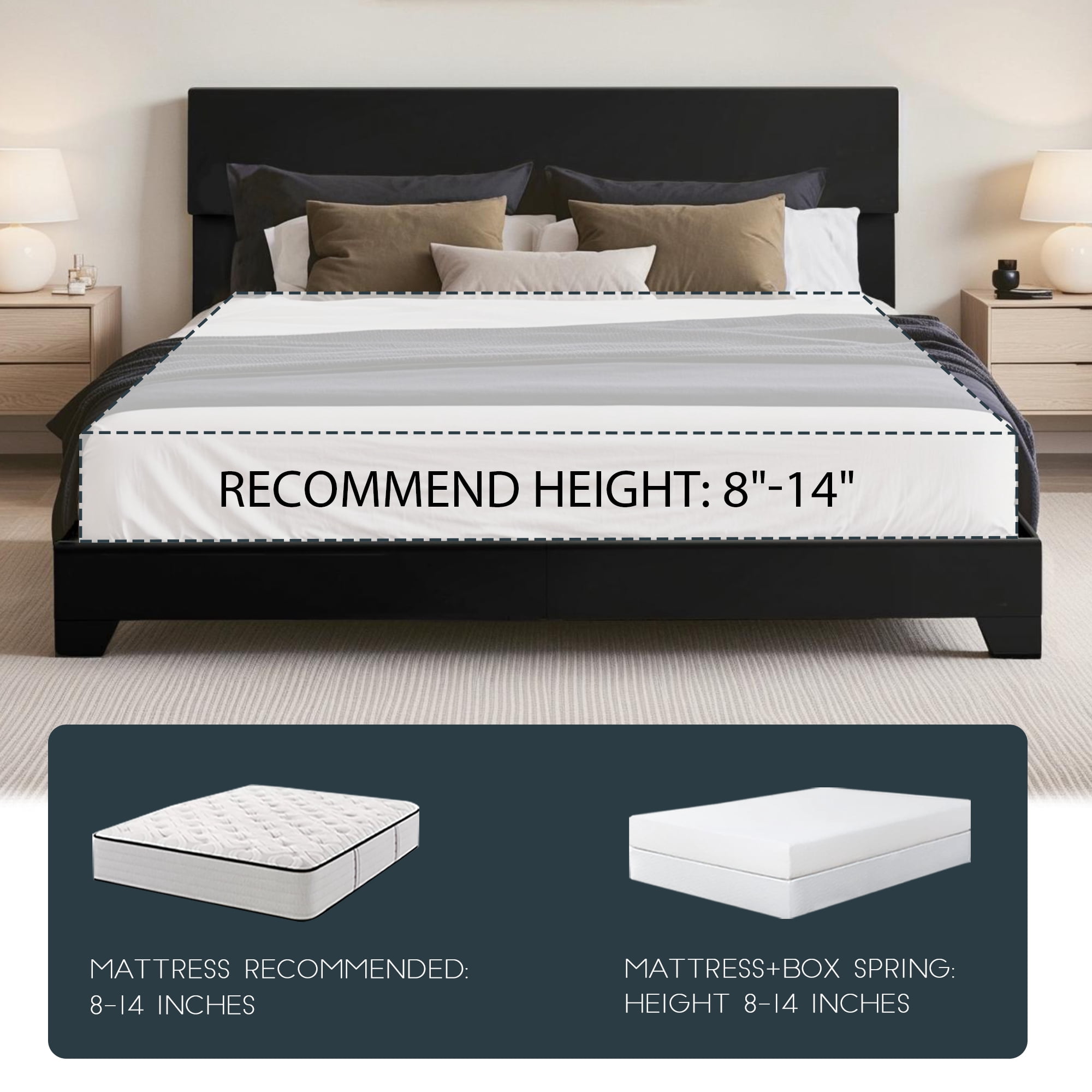 Einfach King Size Black Leather Upholstered Bed Frame with Adjustable Headboard, No Box Spring Needed, Low
