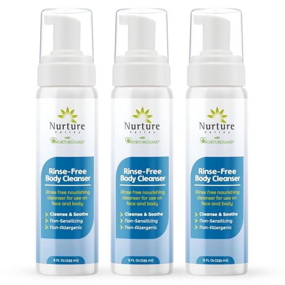 Nurture Rinse Free Body Wash for Elderly, Camping & Hospital Care, Waterless Shower & Bath Wash with Aloe for Sensitive Skin, 3 Pack