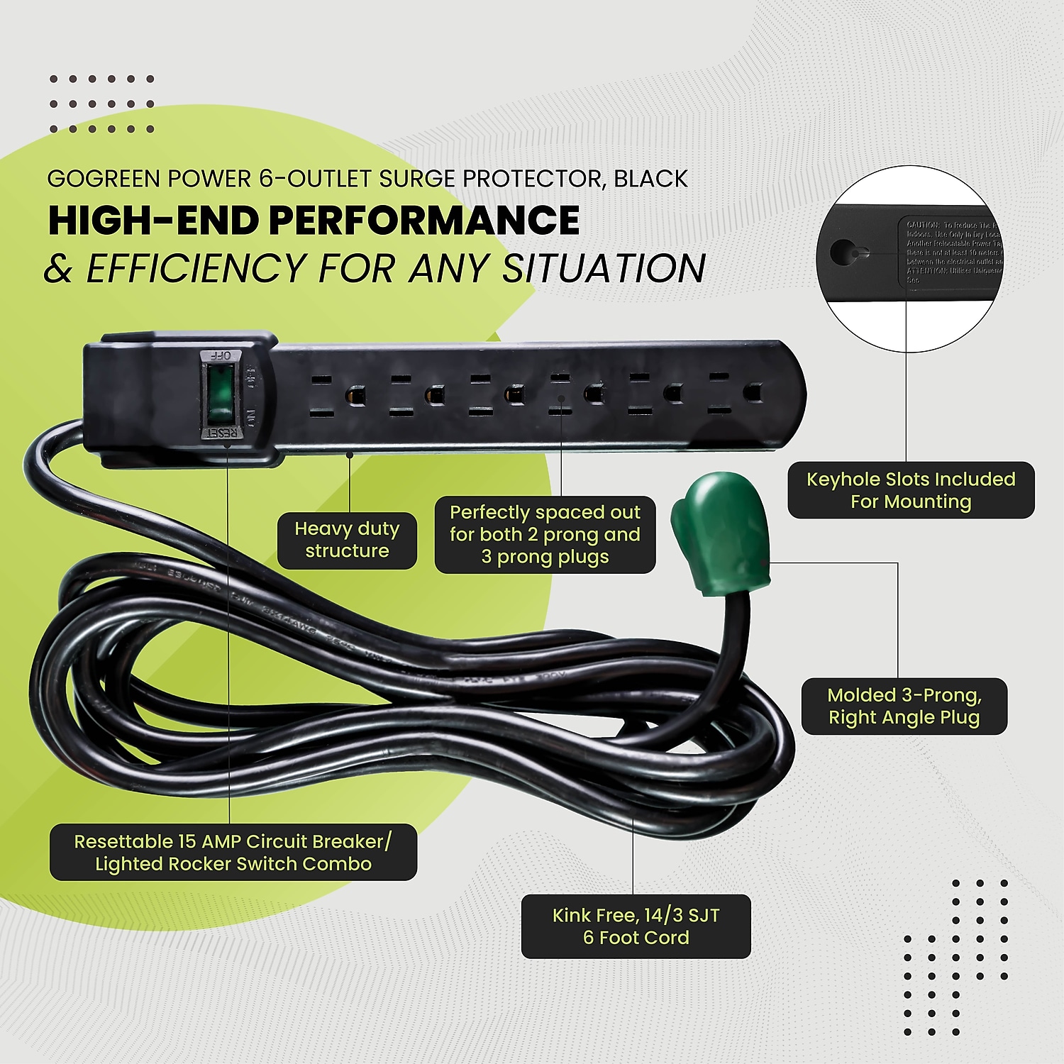 GoGreen Power 6 Outlet Surge Protector 16106MSBK - 6ft Cord - Black