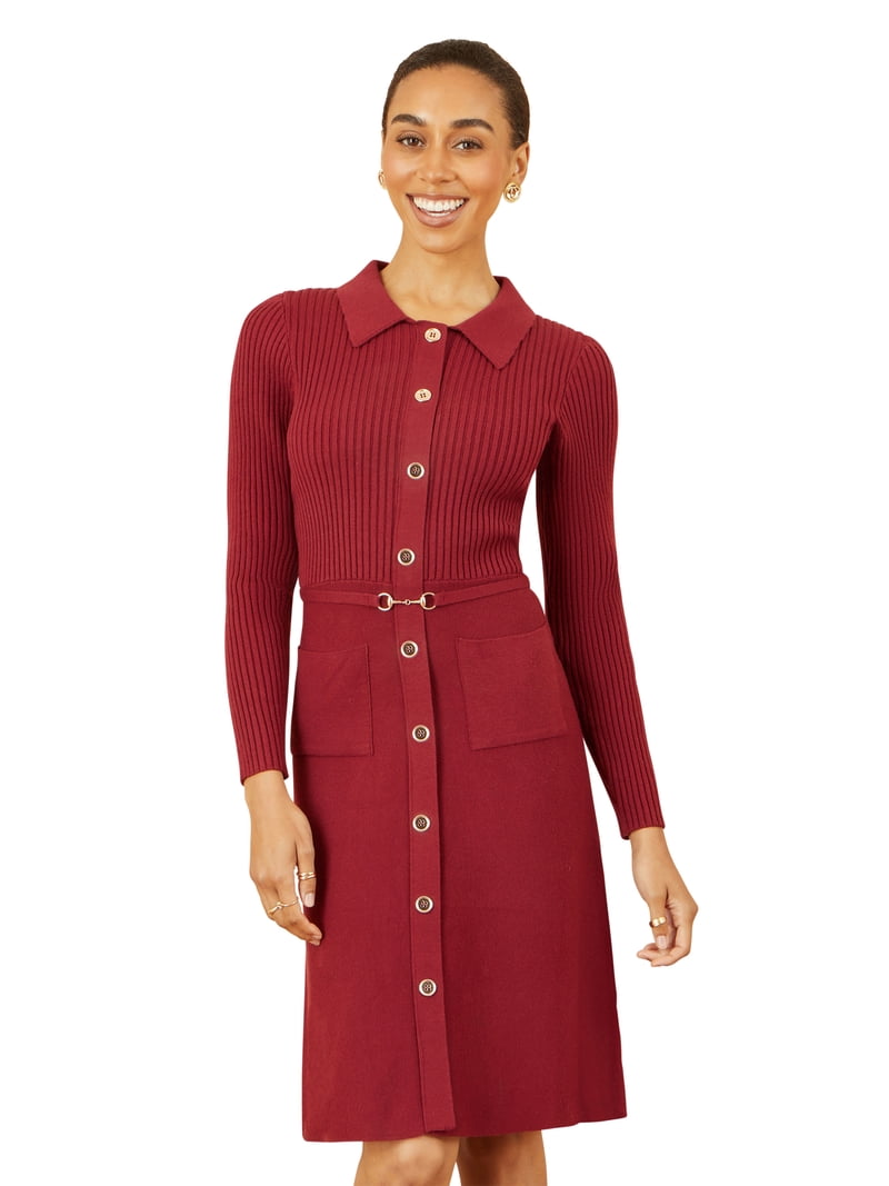 Yumi Burgundy Rib Knit Midi Shirt Dress With Snaffle Belt Burgundy / L